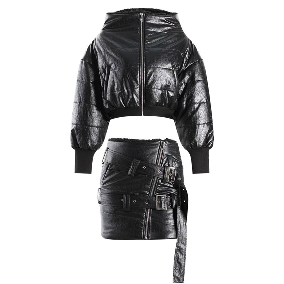 SET11-9 Chic Black  Cropped Jacket and Buckled Skirt Set