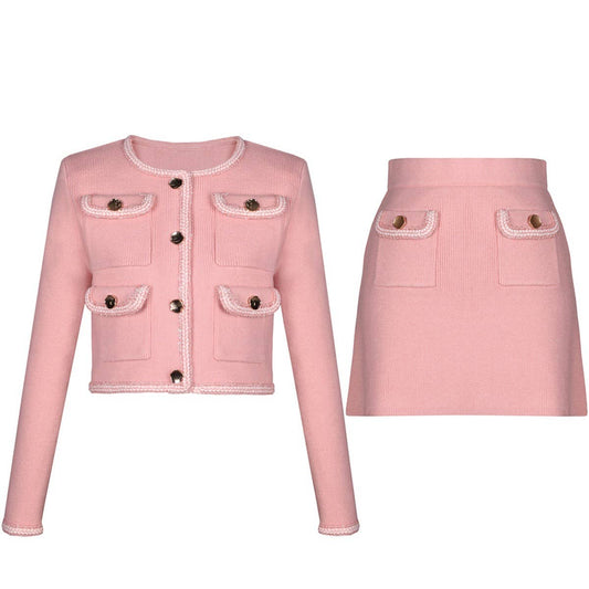 SET219Y 2025 Pink Knit Jacket & Mini Skirt Set for Women