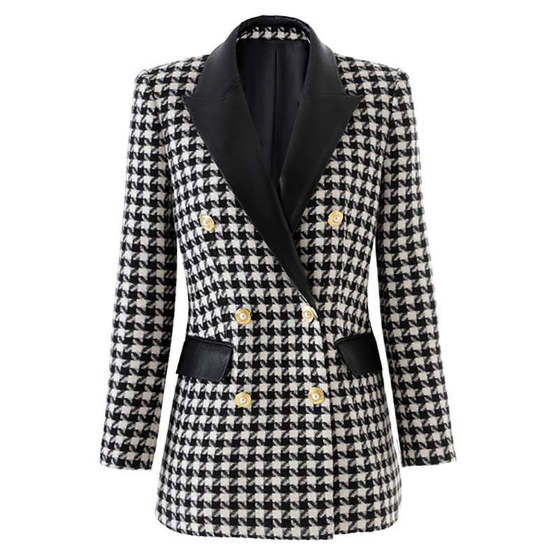 BL39Y Autumn Houndstooth Tweed Blazer with Contrast Lapel