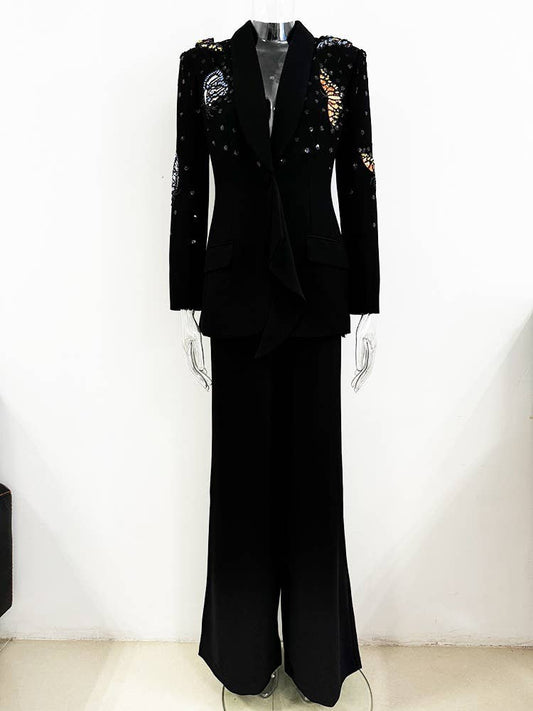 SET1Y Beaded Butterfly Blazer & Trousers Set - Elegant Wear