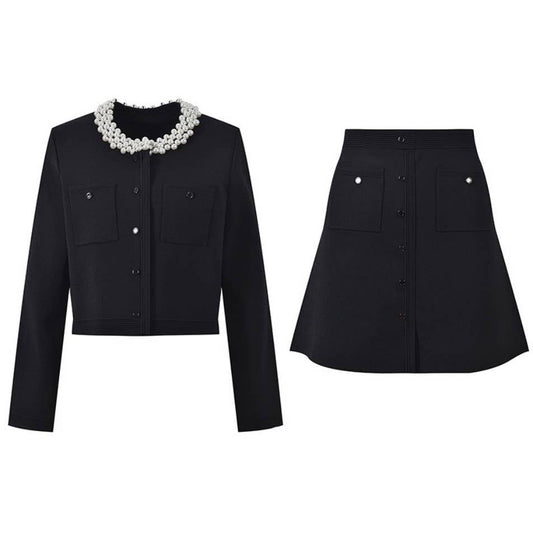 SET97 Pearl-Collar Black Knit Top and Skirt Suit Set