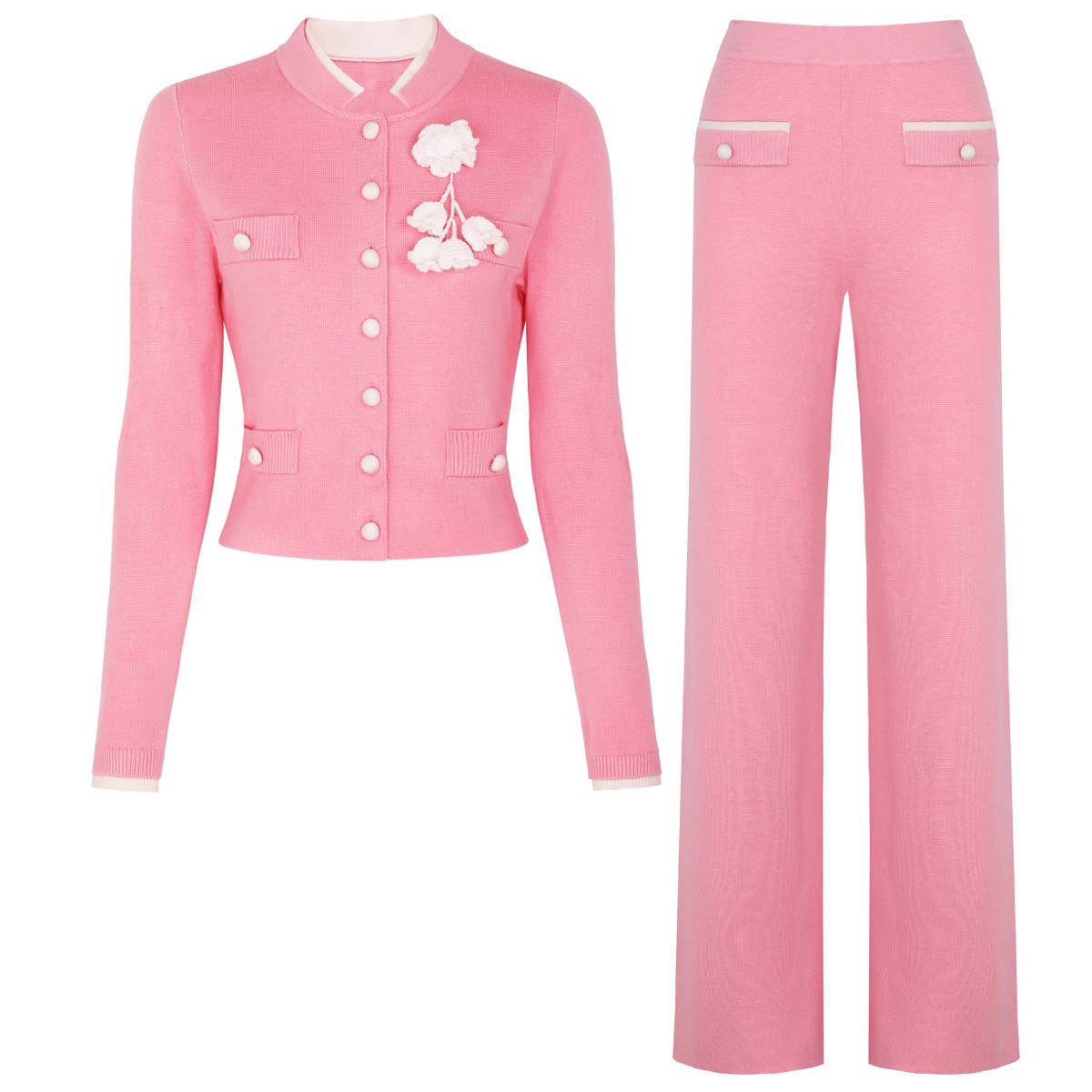 SET261Y Pink Knit Cardigan & Wide-Leg Pants Set 2025