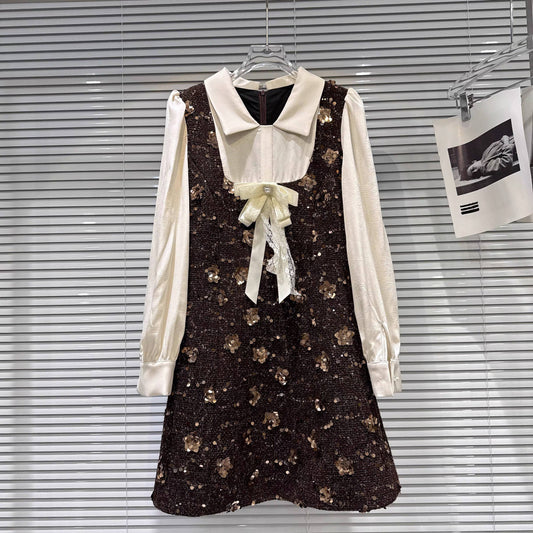 98Y 2025 Fall Winter Bow Shirt Sequin Tweed Patchwork Dress