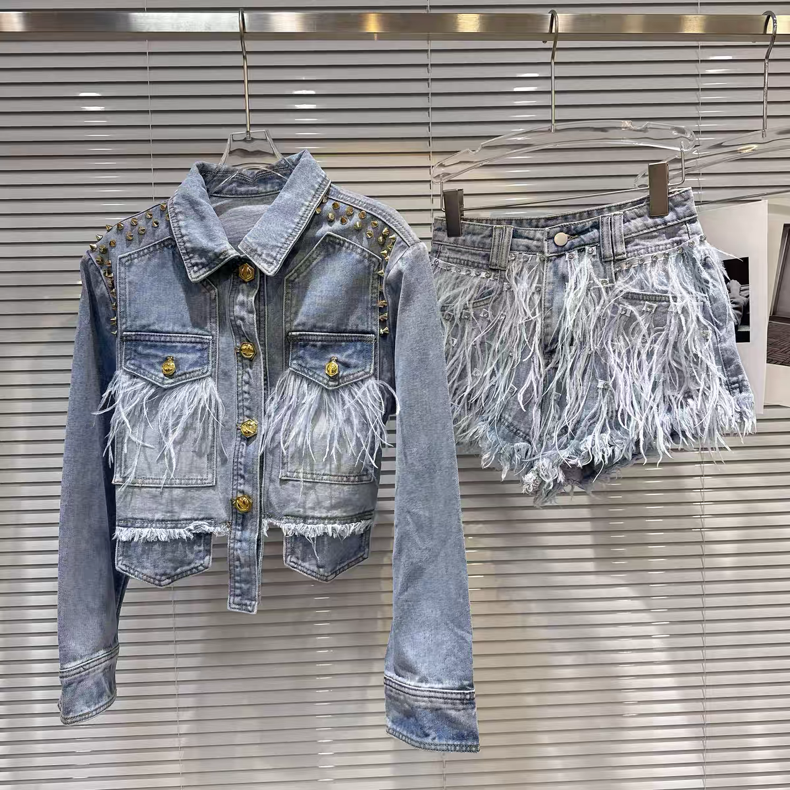 61Y Handmade Rivet Denim Jacket with Feather Beaded Shorts