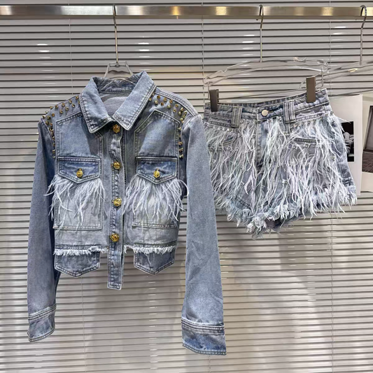 61Y Handmade Rivet Denim Jacket with Feather Beaded Shorts