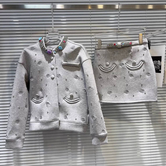 SET172Y Floral Diamond Collar Jacket & Skirt ¨C Autumn Set