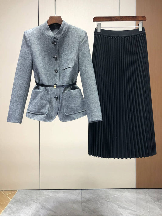 114Y Wool Tie-Waist Top and Pleated Skirt Elegant Set