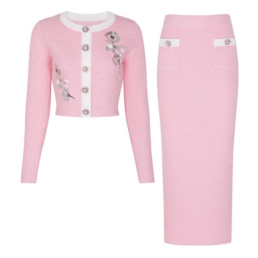 SET236Y 2025 Sequin Embroidered Knit Cardigan and Skirt Set