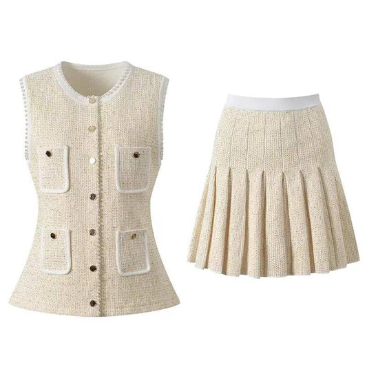 SET87Y Tweed Vest & Pleated Skirt Set with Detail