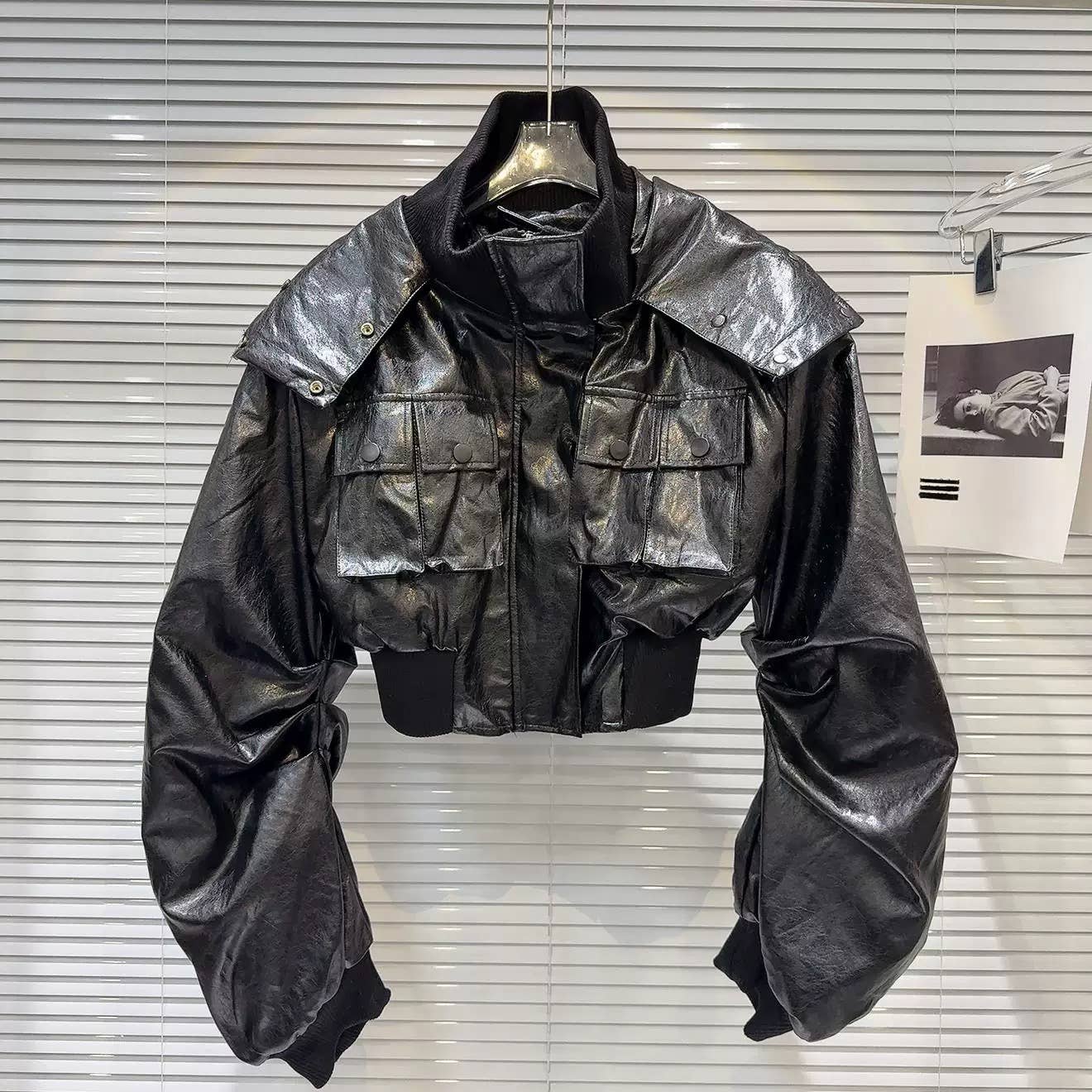 SET243Y Autumn Winter PU Leather Hooded Jacket and Skirt Set