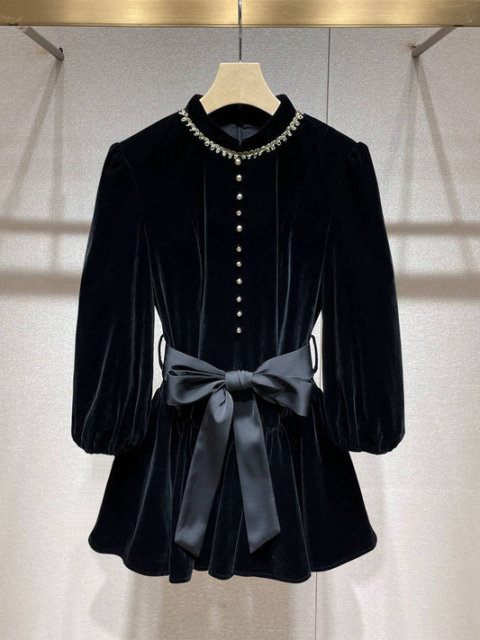 100Y Velvet Bow-Tie Waist Dress for Autumn and Winter Season