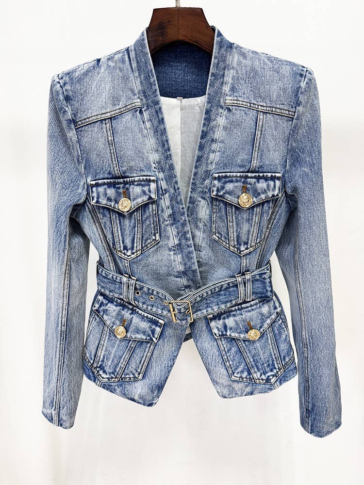 JK164L Slim Belted Washed Denim Blazer for Early Autumn