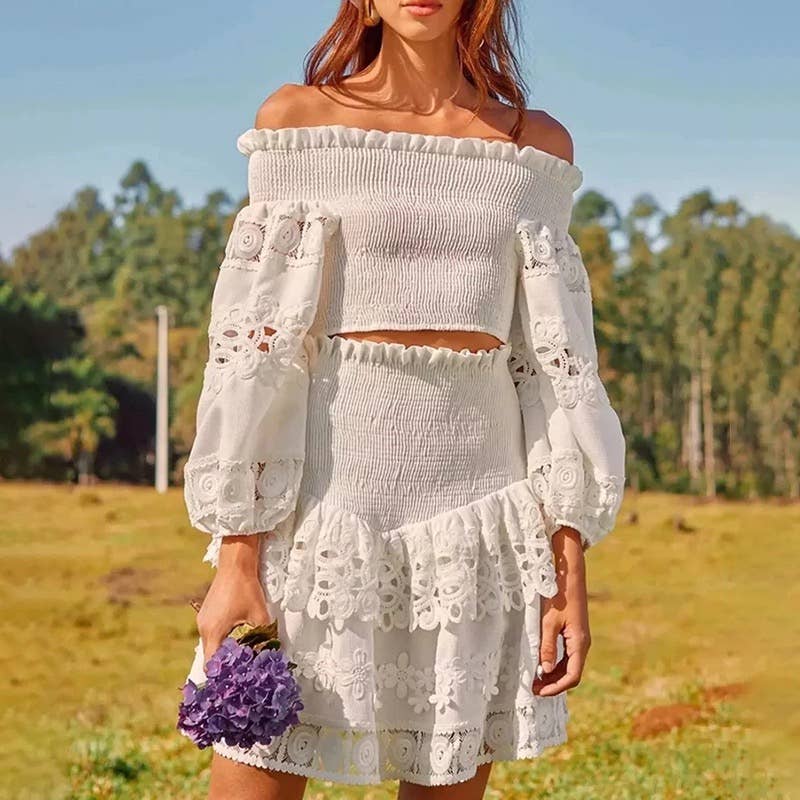 SET147 Chic  Embroidered Top & Skirt Set