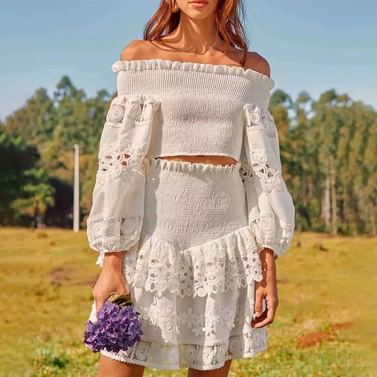 SET147 Chic  Embroidered Top & Skirt Set