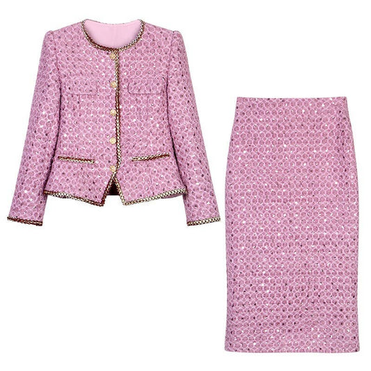 SET237Y Women¡¯s Embroidered Sequin Tweed Jacket & Skirt Set