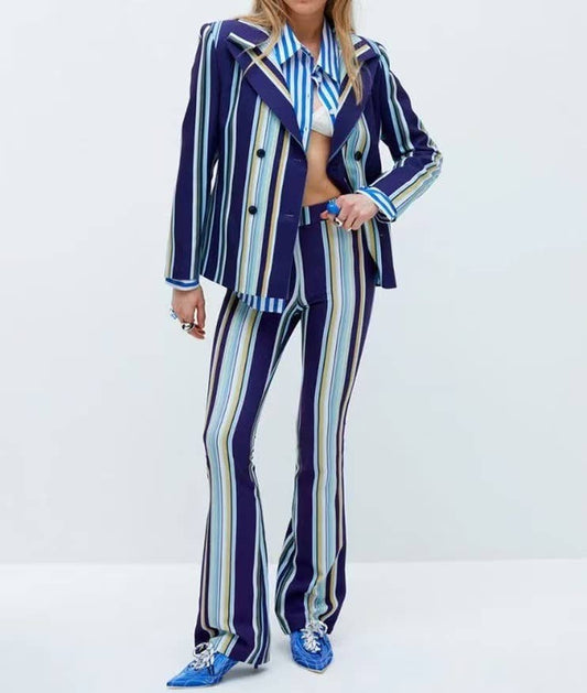 Colorful Striped Suit Jacket & Flared Trousers Two-Piece Set