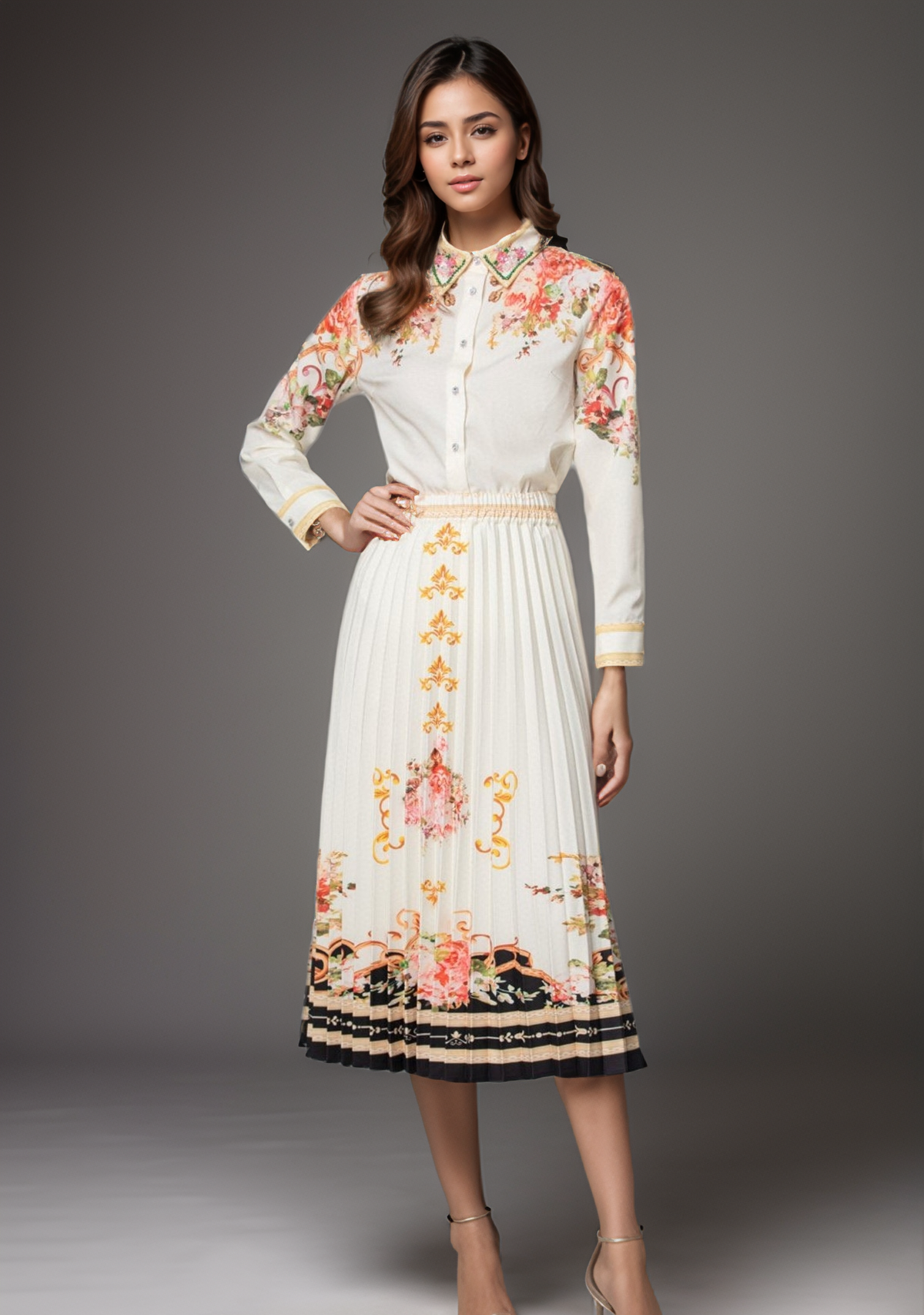 28Y Floral Printed Two-Piece: Slim Fit Shirt & Pleated Skirt