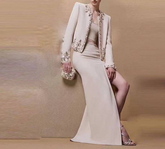 SET9-7Y Elegant Hand-Beaded Cardigan & Slit Skirt Set