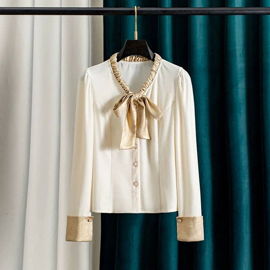 TP53Y Velvet Bow Tie Blouse Elegant Long Sleeve Top 2025