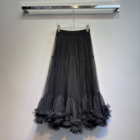 SK038 Elegant Mesh Ruffled Hem Skirt - Elastic Waist