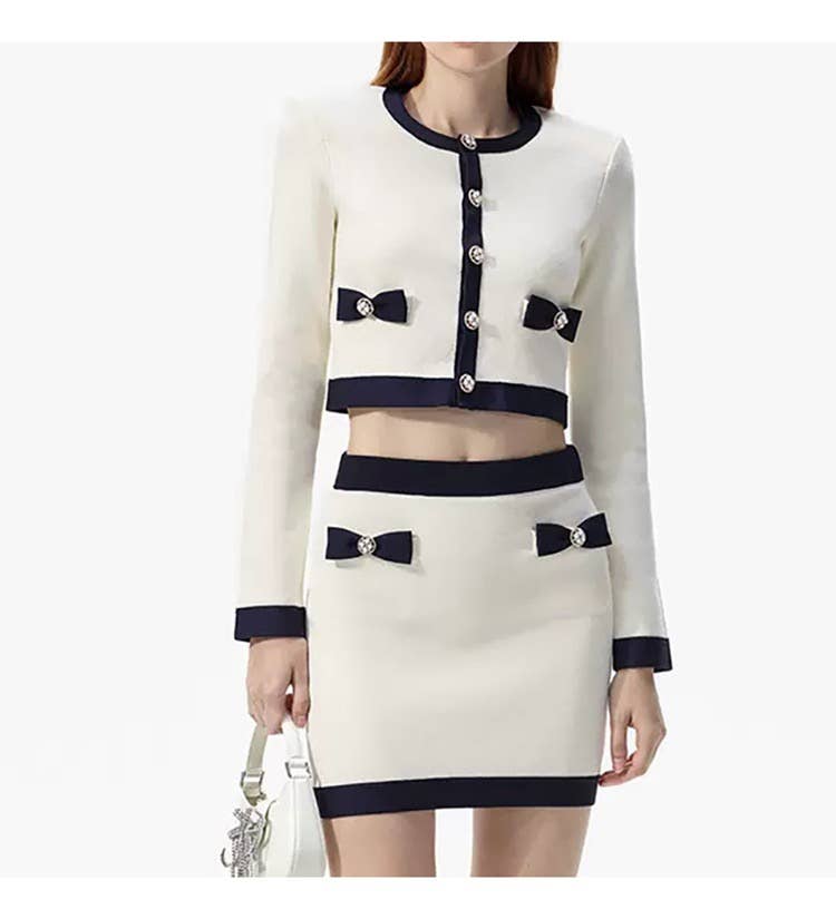 SET11-1 Ivory White Bow Knitted Round Neck Top and Skirt Sui