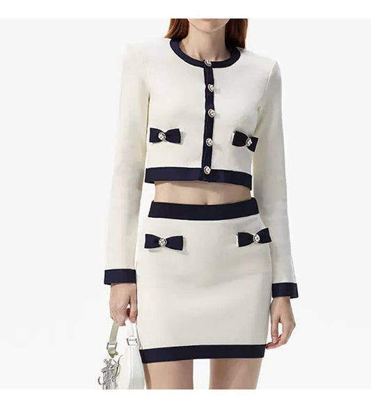 SET11-1 Ivory White Bow Knitted Round Neck Top and Skirt Sui