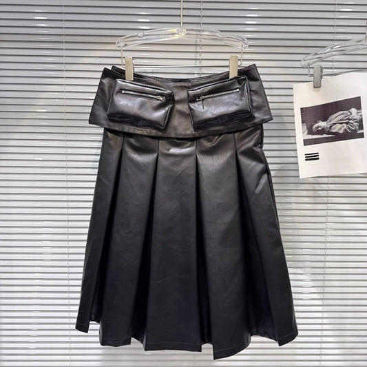 SK89Y Winter PU Pleated Skirt with Waist Pocket Belt Detail