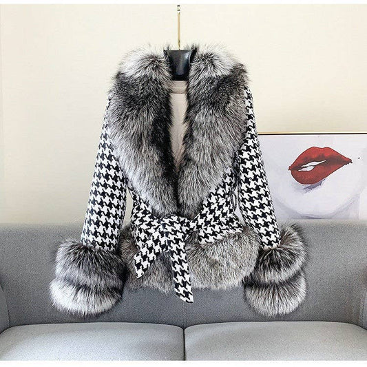 JK101Y Chic Houndstooth Faux Fur Coat - Short & Stylish