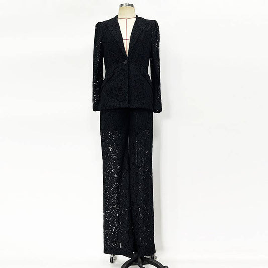 30Y Elegant Lace Suit: Chic Jacket & Slim Straight Pants Set
