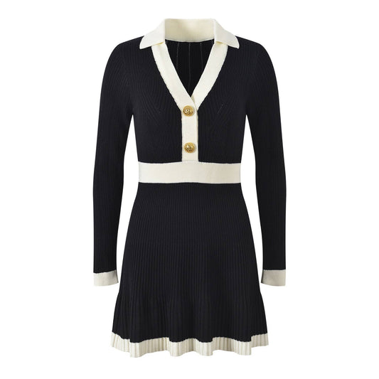 DR841 2025 Autumn V Neck Ruched Colorblock Slim Knit Dress