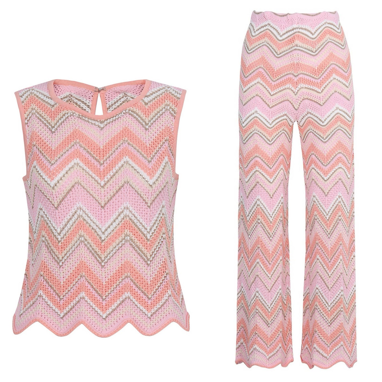 SET62 Contrast Wave Knit Sleeveless Vest & Trousers Set