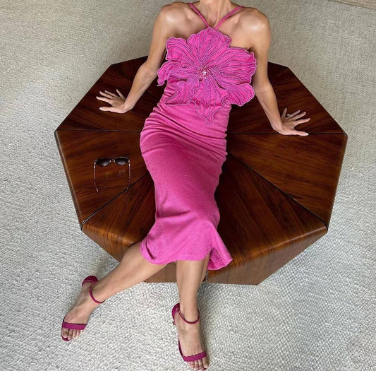 SET6-27 Beaded Floral Halter & Skirt Set - Summer Chic