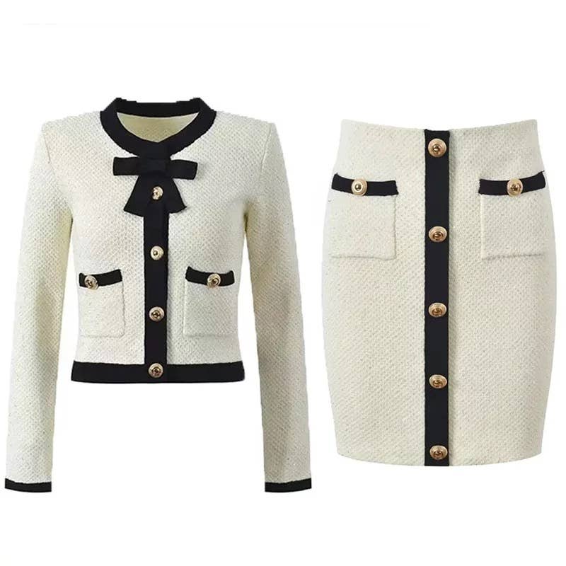 SET216 Elegant Contrast Trim Knit Set ¨C Jacket & Skirt Duo