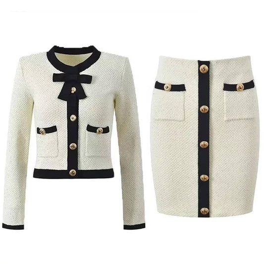 SET216 Elegant Contrast Trim Knit Set ¨C Jacket & Skirt Duo