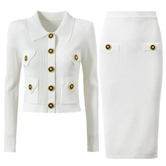 SET218Y 2025 Elegant Pink Knit Cardigan & Pencil Skirt Set