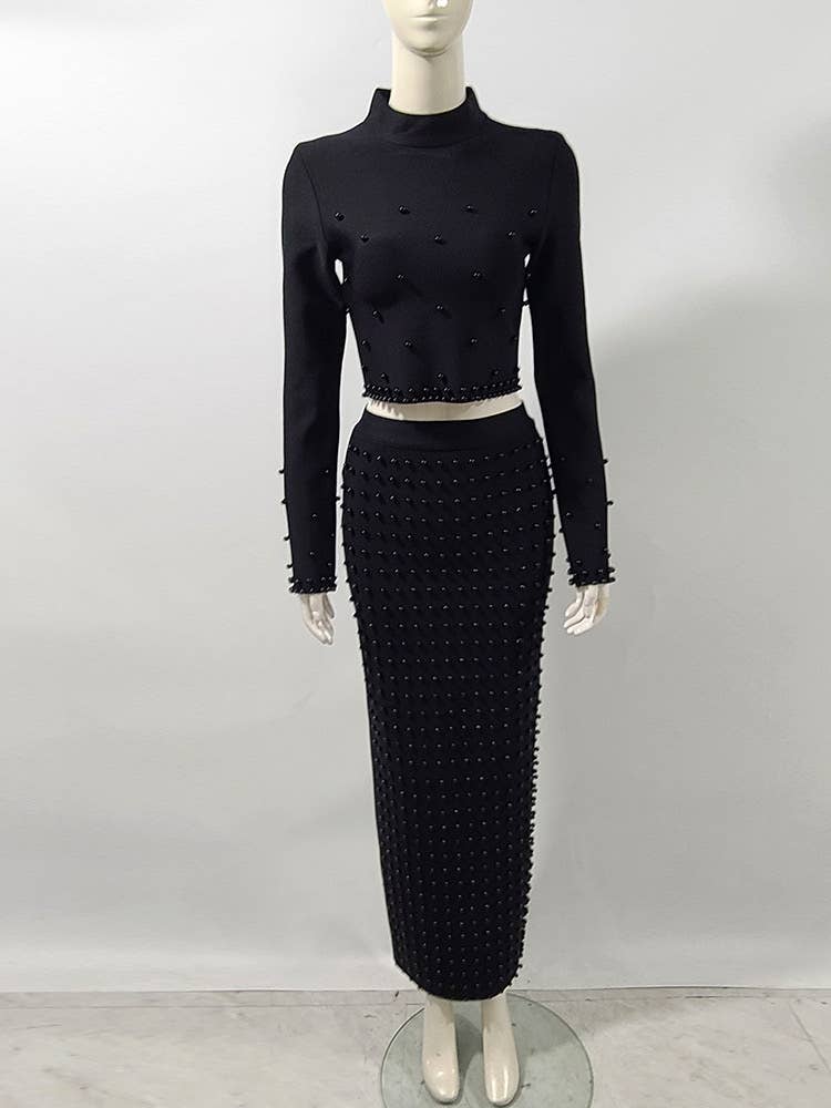 SET10-1 Elegant Pearl Beaded Crop Top & Maxi Skirt Set