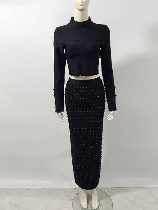 SET10-1 Elegant Pearl Beaded Crop Top & Maxi Skirt Set