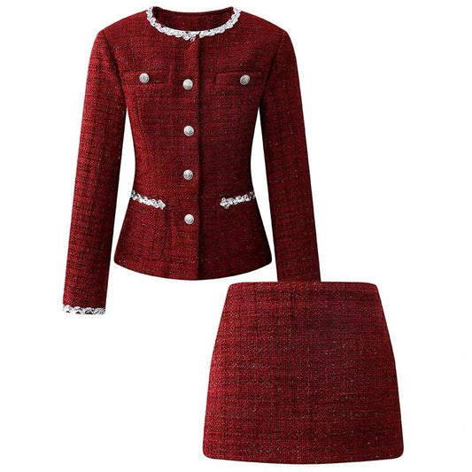 SET198Y Silver-Trimmed Burgundy Tweed Jacket & Skirt Set
