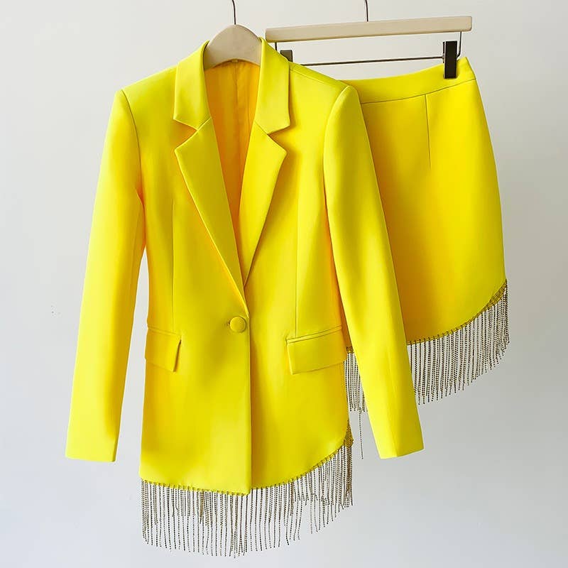 SET035 Women Crystal Tassels Skirt and Blazer Suit Set