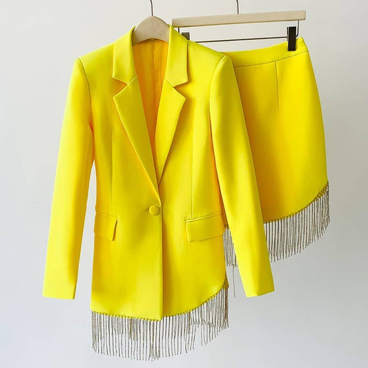 SET035 Women Crystal Tassels Skirt and Blazer Suit Set