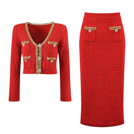 SET9-10Y Beaded V-Neck Wool Top & Skirt Set - Autumn/Winter