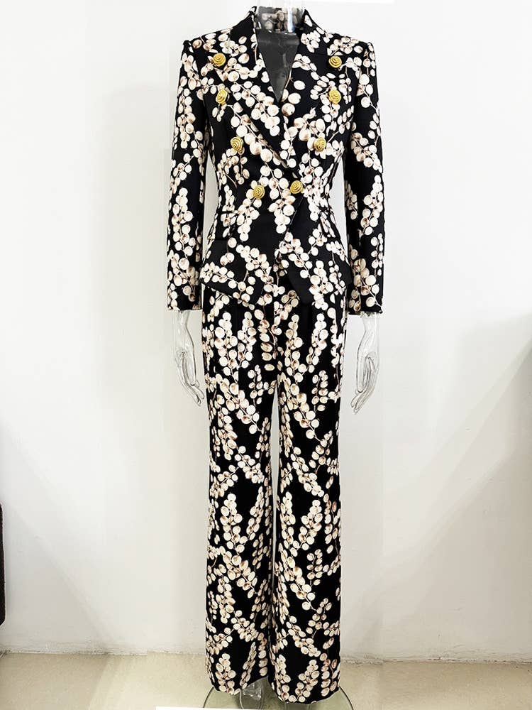 SET10-3L Floral Print Suit with Metal Snail Buttons