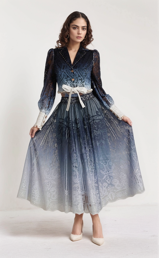 DR432Y Blue Gradient Long-Sleeved Suit Collar Top & Skirt