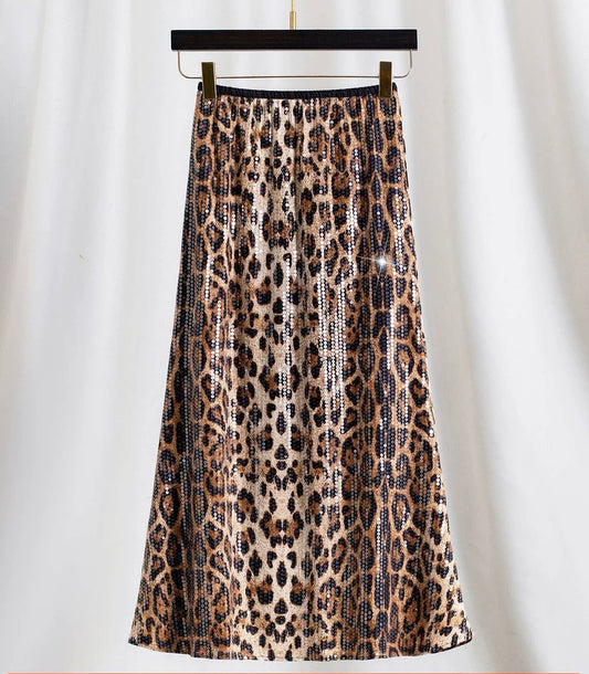 SK82Y 2025 Autumn Sequin Leopard Print Midi Skirt for Women