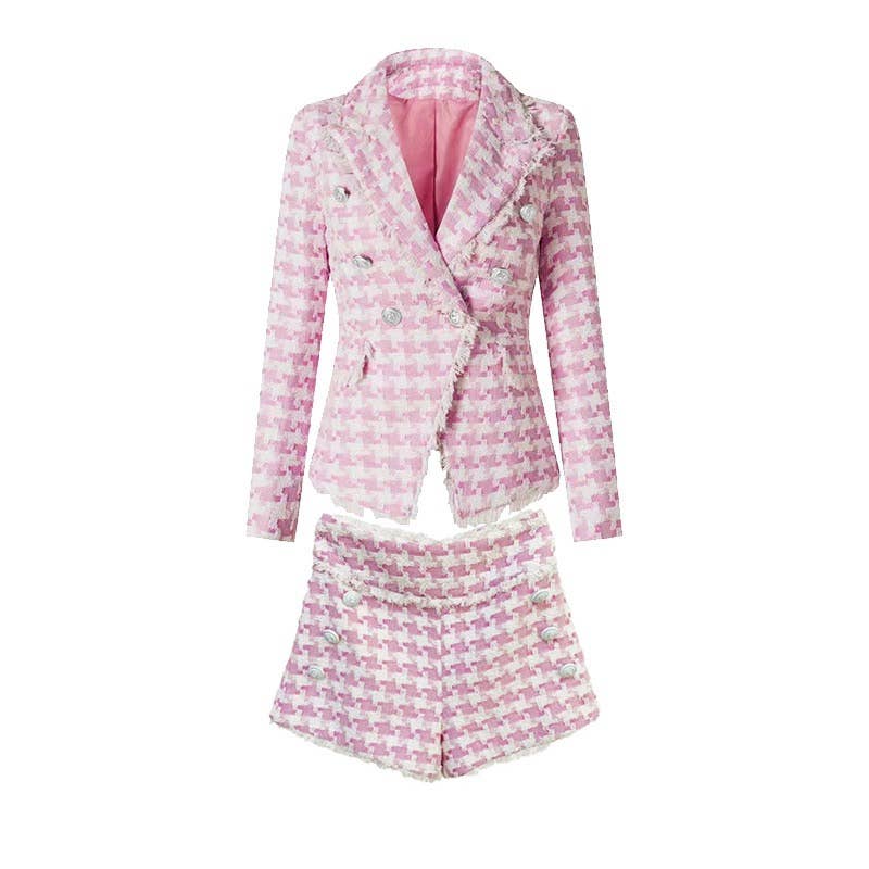 SET063 Elegant Pink Houndstooth Suit Set