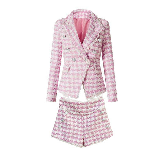 SET063 Elegant Pink Houndstooth Suit Set