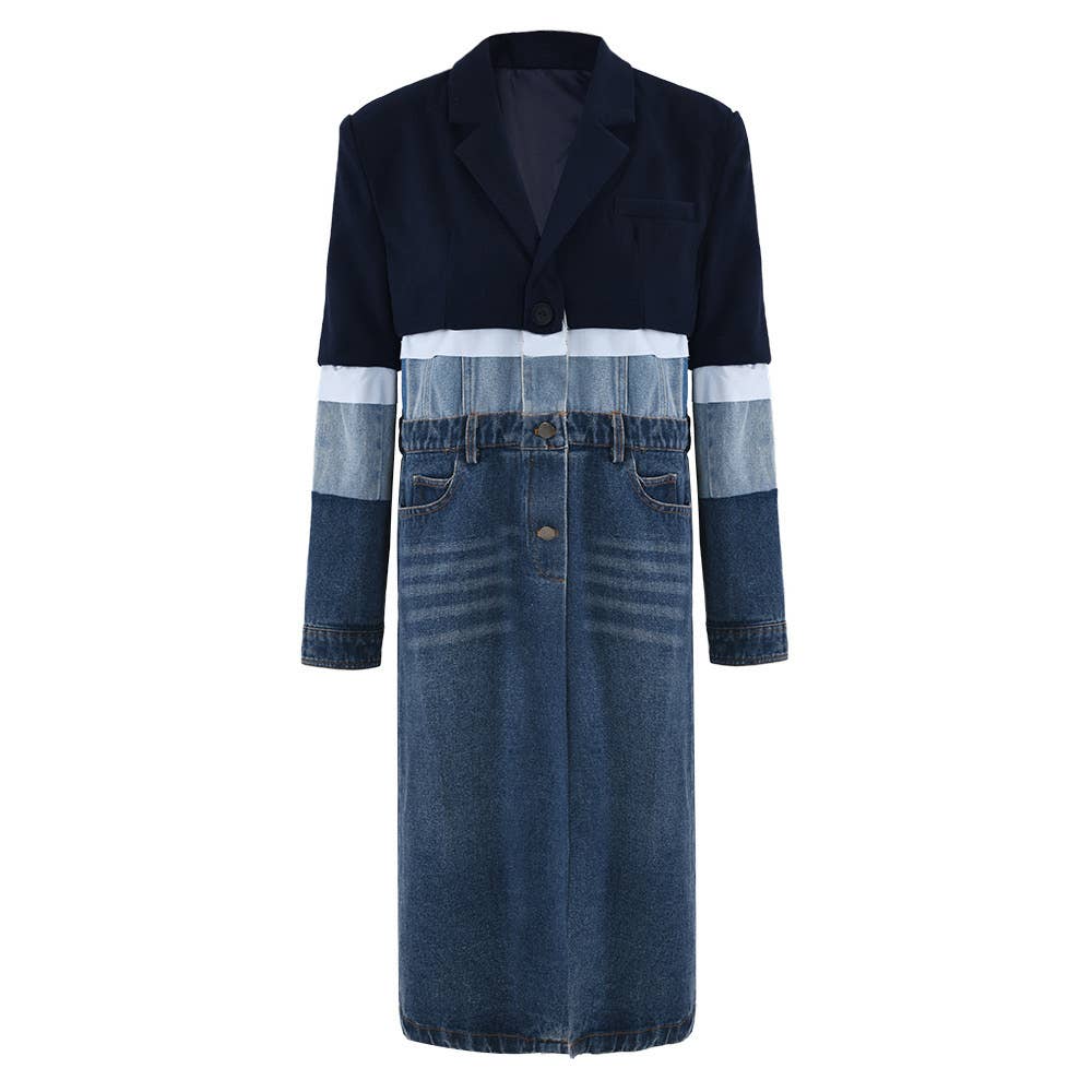 CT005 Autumn Women's Patchwork Denim Mid-Length Casual Coat