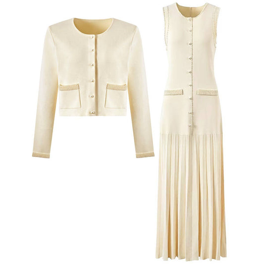 SET191Y Pearl Trim Knit Jacket & Pleated Sleeveless Dress Se
