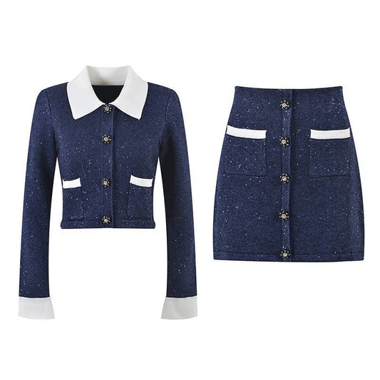 SET208Y Handmade Tweed Knit Set with Sequin & Jewel Buttons