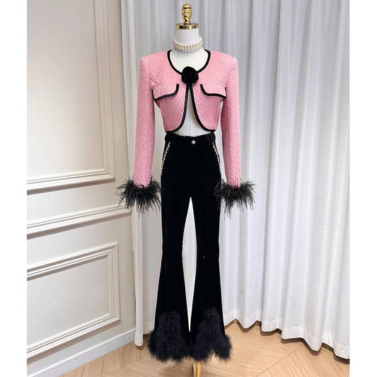 SET98Y Rose Brooch Tweed Jacket & Velvet Flared Pants Set